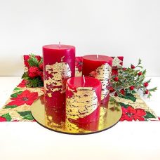 trio de velas cilindro vermelha folha ouro